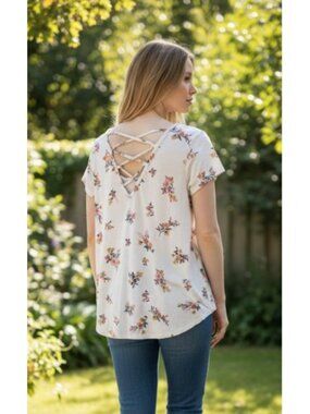 PINK REPUBLIC Ivory Floral Print Criss Cross Back Short Sleeved Top Ladies XS
